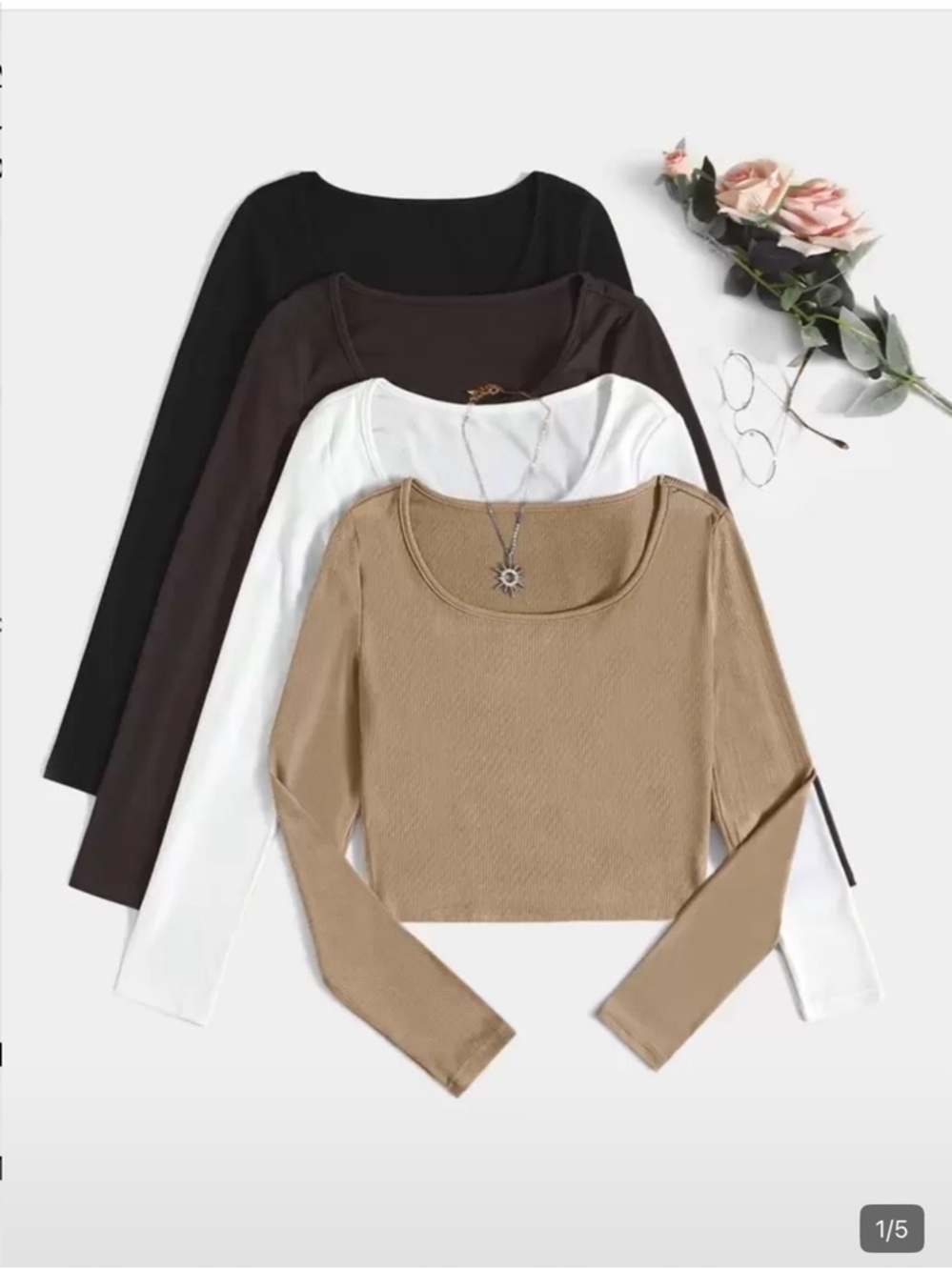 Long Sleeve Scoop Neck Women's Cropped Top - Beige, White, Brown, Black